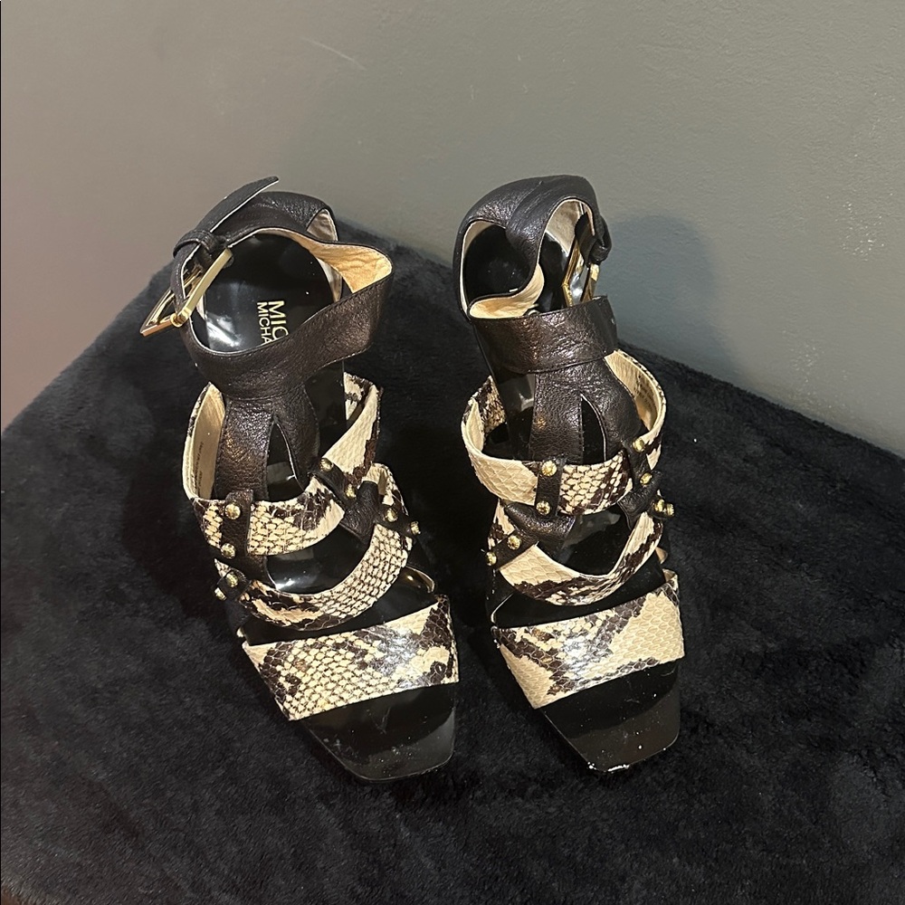 Michael Kors Black and Snake Pattern Strappy Heels